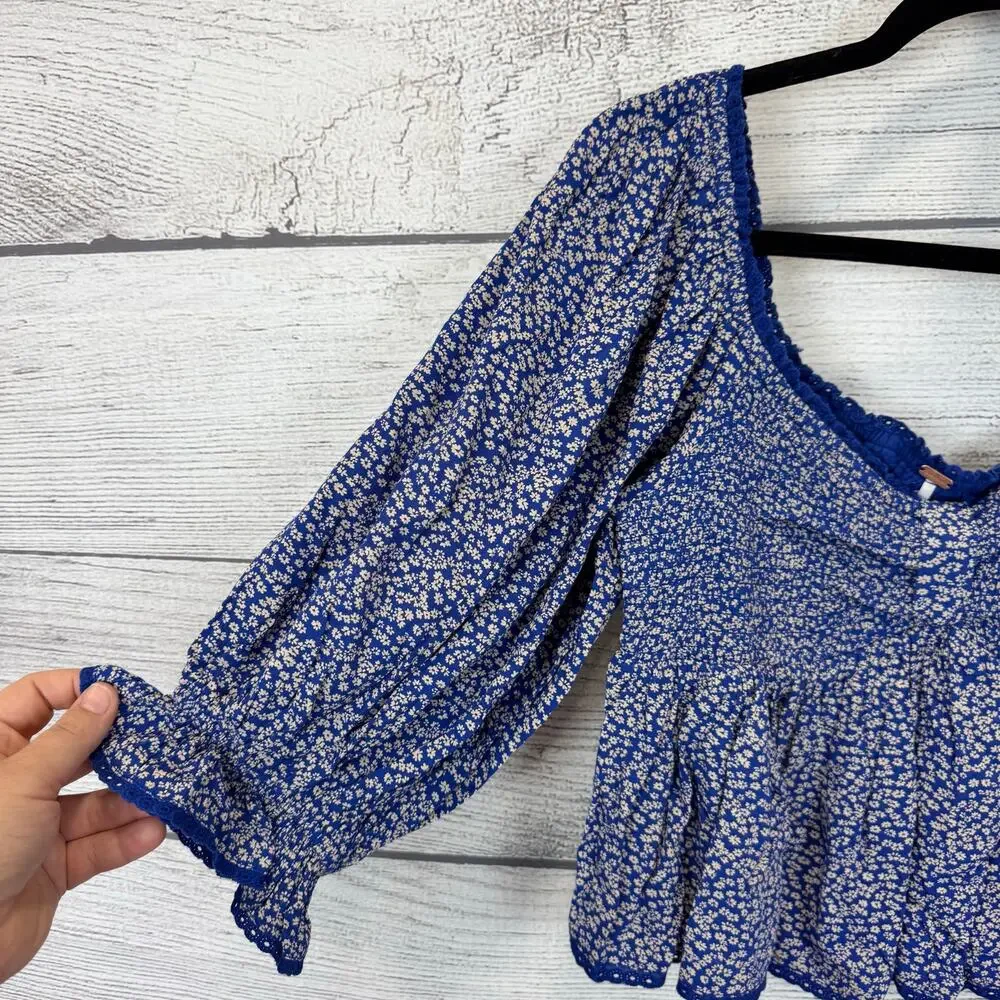 Free People Women's Blue Brittnee Print Smocked Back Peplum Top Size Small